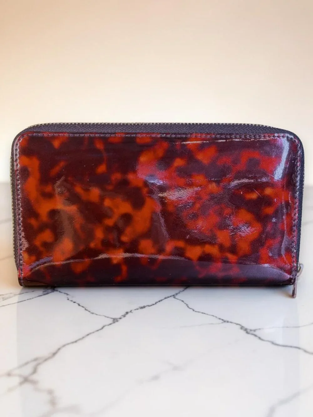 Tory Burch Robinson Tortoise-Shell Print Patent Leather Zip Around Wallet